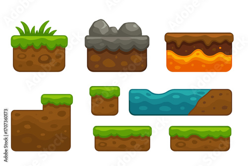 Game asset tileset for 2d platformer. Cartoon ground blocks for level design. Vector illustration of terrain with grass, dirt, rock, lava and water. Ui elements kit.