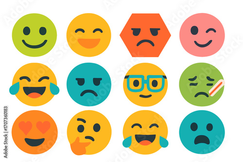 Emoji icon set with various emotions. Vector emoticon pack in flat design style. Cartoon characters with facial expressions like happy, sad, love, angry, sick, and laughing.