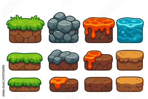 Game asset tileset for 2D platformer. Cartoon ground blocks for level design. Vector illustration of terrain sprites like grass, stone, rock, water, lava, and dirt.