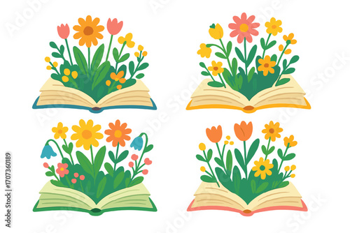 Colorful open books with flowers blooming from pages. Whimsical illustration set of nature and literature. Concept for imagination, education, knowledge, growth and reading.
