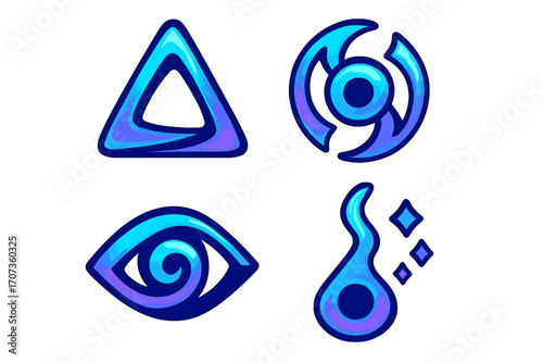 Magic spell icons set. Game UI elements. Fantasy RPG assets. Abstract futuristic symbols. Glowing neon signs. Vector illustration pack. Triangle, eye, vortex, and flame symbols.