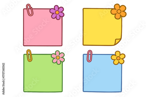 Cute cartoon sticky notes collection with paper clips and flowers. Vector set of colorful memo pads for reminder, planner, journal, and office organization concepts.