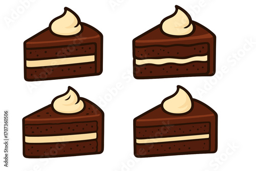 Set of chocolate cake slice vector illustrations. Delicious layered dessert with cream filling and topping. Cartoon graphic for bakery, pastry shop, or celebration menu design.