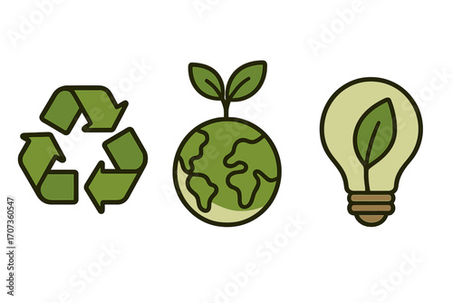 Eco friendly icon set with recycling symbol, green earth planet, and leaf lightbulb. Sustainability and environment conservation concept. Minimalist vector cartoon illustration.