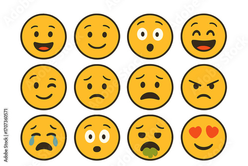 Emoji set with diverse facial expressions. Vector cartoon emoticons. Faces showing happy, sad, angry, love, surprised, sick emotions. Cute smileys icon collection for chat.
