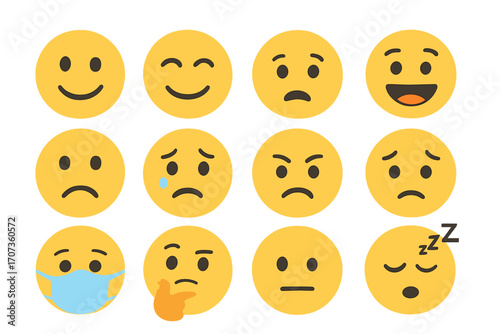 Emoji set showcasing diverse facial expressions. Vector cartoon emoticons. Happy, sad, angry, crying, thinking, sleeping face icons. Mood, feeling, emotion concept design.