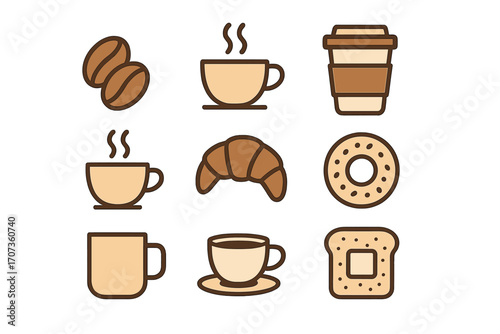 Coffee and breakfast vector icon collection. Minimalist flat design set with coffee beans, cups, mugs, croissant, donut, and toast for cafe menu, bakery logo or web graphics.