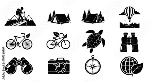 Collection of black and white travel and outdoor activity icons.