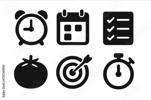 Time management and productivity icon set. Minimalist black silhouettes for planning, goal setting, and efficiency. Alarm clock, calendar, checklist, stopwatch, target, pomodoro.