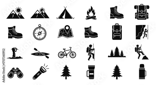 Black and white hiking and camping icon set.