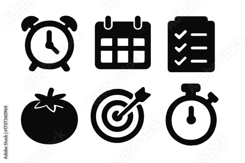 Vector icon set for time management and productivity. Pomodoro Technique tomato timer, goal target, schedule calendar, alarm clock, stopwatch, and to-do list checklist.