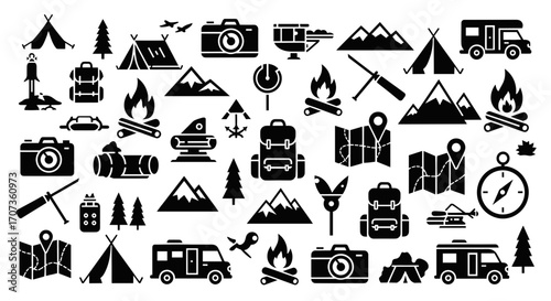 A collection of black silhouette icons representing camping, hiking, and outdoor adventure themes.