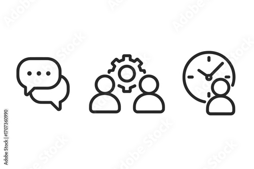 Business icons set for communication, teamwork and time management concepts. Vector line art of chat, collaboration process, workflow efficiency, and meeting deadline symbols.