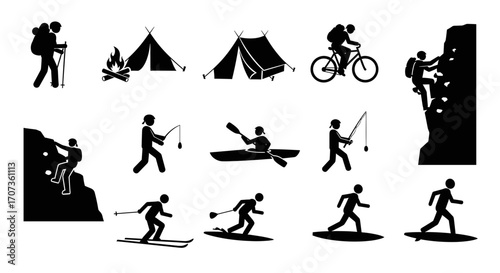A collection of black silhouette icons depicting various outdoor recreational activities like hiking, camping, cycling, climbing, and water sports.