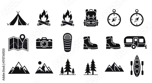 A collection of solid black icons depicting various items and symbols for camping, hiking, and outdoor travel.