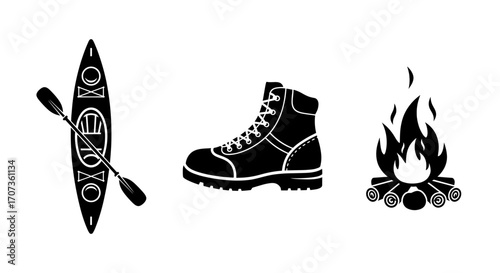 Black and white illustrations of a kayak with paddles, a hiking boot, and a campfire.