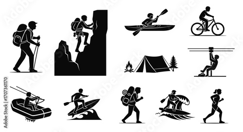 A collection of black and white silhouette icons depicting various outdoor adventure and recreational activities.
