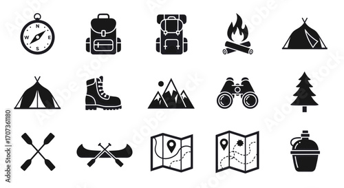 Collection of camping and outdoor adventure icons, perfect for travel and nature-related designs.
