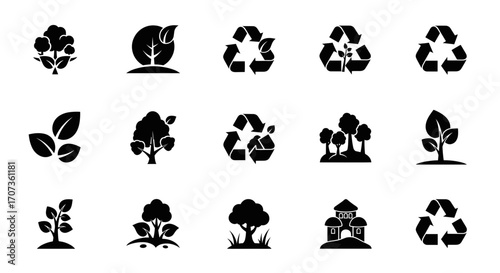 Collection of black and white environmental and recycling icons.