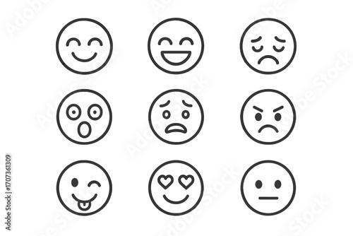 Minimalist emoji set with various face expressions. Simple outline emoticon icon collection for social media and UI design. Vector cartoon character faces showing happy, sad, love, angry emotions.