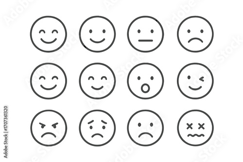 Minimalist emojis set with linear expressions for customer feedback. Vector smiley face icons for satisfaction rating. Simple emoticons with happy, sad, and neutral emotions.