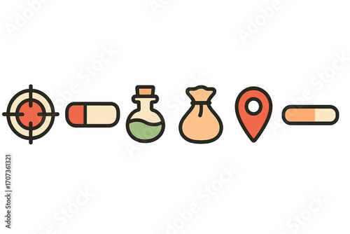 Game UI icons set for RPG. Minimalist vector elements for HUD display. Includes target, health bar, potion, loot bag, map marker, and experience or progress bar asset pack.