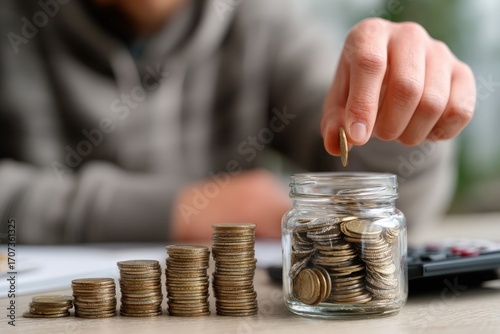 Person adding coin to jar with coin stacks, symbolizing saving and finance