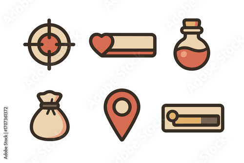 Game icons set for RPG UI design. Vector cartoon elements like target, health bar, magic potion, loot bag, map marker, and experience or level bar for a game interface.