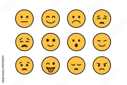 Large set of vector emoticons. Yellow cartoon emoji collection with different emotions. Flat smiley face icons for web. Happy, sad, angry, funny feelings communication symbols.