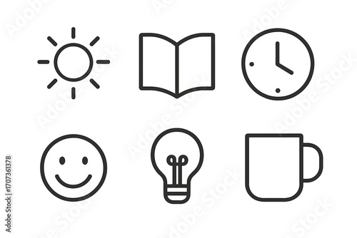 Minimalist icon set with sun, book, clock, smiley, lightbulb, and mug. Vector line art symbols for web and apps. Daily routine, work, and creative idea concepts.