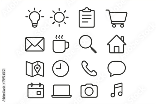 Minimalist line art icon set of universal symbols. Vector collection of outline pictograms for web design, mobile apps, business, technology and daily life concepts.
