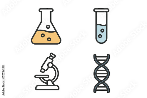 Minimalist science icons set. Vector cartoon lab equipment for chemistry research. Includes microscope, flask, test tube. DNA symbol for biology, genetics, medical concept.