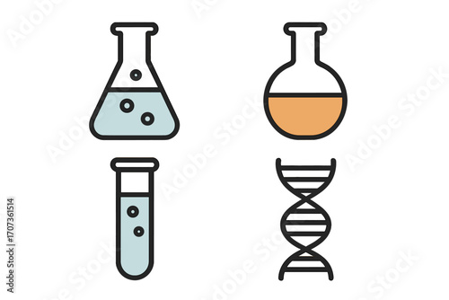 Minimalist science icons with lab equipment and DNA symbol. Vector cartoon illustration set for chemistry, biology, research, genetic, biotechnology. Flask, test tube.