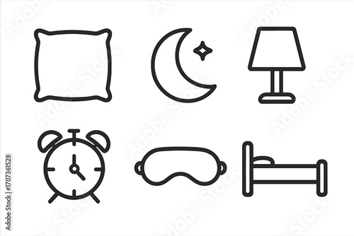 Sleep essentials icon set line art. Bedtime routine symbols pillow, moon, lamp, alarm clock, mask, bed. Concept for insomnia, relaxation, good night, sweet dreams, sleep hygiene.