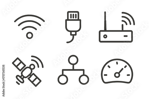 Technology icon set. Minimalist line art symbols for web and mobile. Wifi, router, satellite, network, USB, and speed. Internet connection and data transfer concept vector.