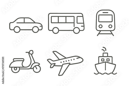 Transportation line icon set. Car, bus, public transport, train, scooter, airplane, ship symbols. Minimalist vehicle outline pictogram collection for travel and delivery.