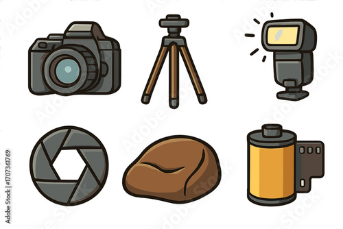 Photography equipment icon set. Vector cartoon illustration of camera, tripod, flash, shutter, bean bag, film roll. Professional photographer gear for photo studio work.
