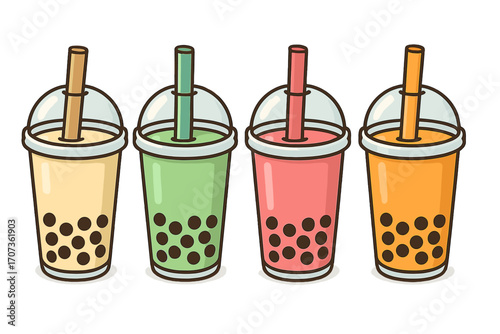 Bubble tea vector illustration set. Colorful boba drinks with tapioca pearls. Popular Taiwanese cold beverage in plastic cups with straws. Cartoon graphic design elements.