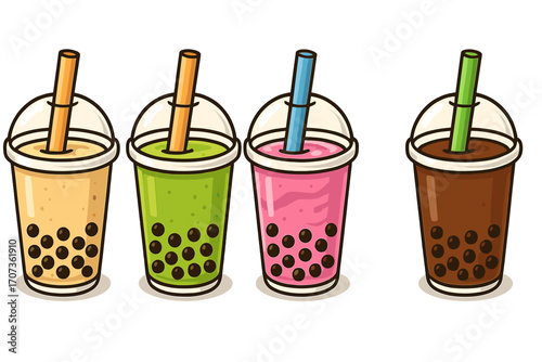 Bubble tea vector illustration set. Boba tea collection with tapioca pearls. Popular asian drink assortment. Milk tea, matcha, strawberry flavors. Cartoon graphic design element.