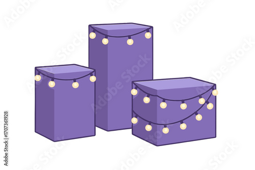 Purple display pedestals with decorative string lights for event presentation. Minimalist cartoon illustration of a product showcase stand, podium for winners, or exhibition setup.