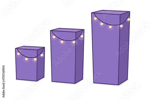 Purple display pedestals with decorative string lights for an event presentation. Vector illustration of product stands with glowing garland for a party or award ceremony setup.