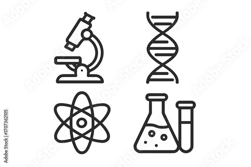 Science icon set with microscope, DNA, atom, and chemistry lab equipment. Minimalist line art symbols for research, biology, and physics. Vector outline collection.