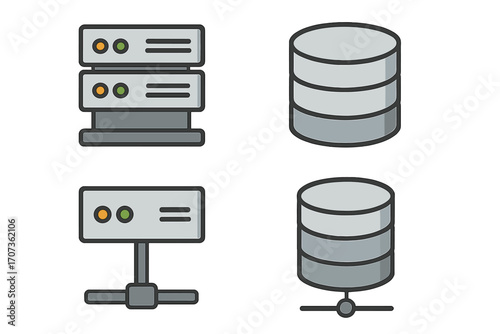 Vector server and database icon set. Flat cartoon symbols for data storage, network hosting, and computer technology. Isolated datacenter and web server graphic elements.