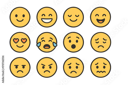 Vector collection of cute cartoon emoji faces with different expressions. Linear icon set of emoticons showing various emotions like happy, sad, angry, love, and crying.