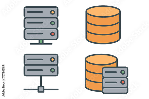 Set of server and database icons in flat design. Technology symbols for data center, hosting, and network storage. Vector cartoon illustration of computer hardware and cloud computing.