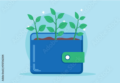 Flat illustration of Plant growth on wallet seedlings investments saving potential wealth