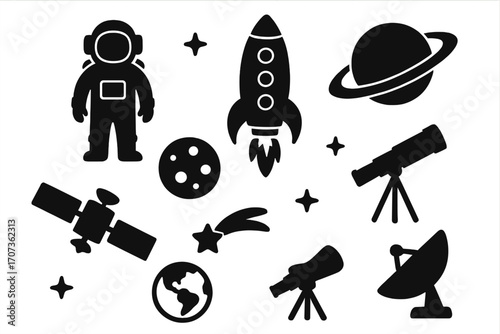Space exploration icon set. Vector silhouettes of astronaut, rocket, planet, moon, satellite, telescope. Astronomy and science symbols. Galaxy, cosmos, universe graphic elements.