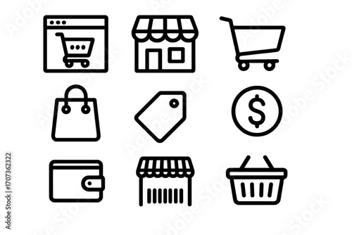 Shopping and retail line icon set. E-commerce, online store, and marketplace symbols. Vector illustration with cart, basket, bag, price tag, wallet, and money icons.