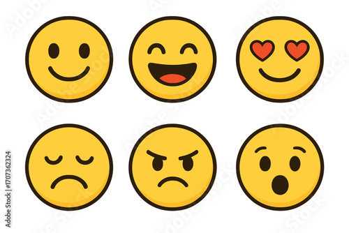 Emoji expressions set with simple rounded faces. Emotion icons collection. Vector cartoon illustration. Happy, sad, angry, love, wow, laugh faces. Feedback smiley avatar.