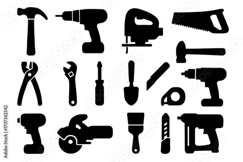 Vector collection of tool silhouettes. Set of hand and power tool icons for construction, DIY, and home repair projects. Handyman equipment for renovation and maintenance work.